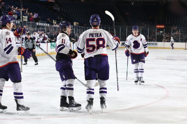 Youngstown Phantoms' Charlie Cerrato, Adam Pietila, Grant Young, and Andrew Strathmann on the ice